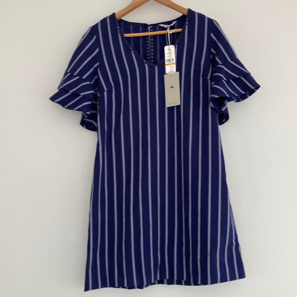 NWT Tommy Bahama Vista Stripe Flutter Sleeveless Dress- Navy Size Small.